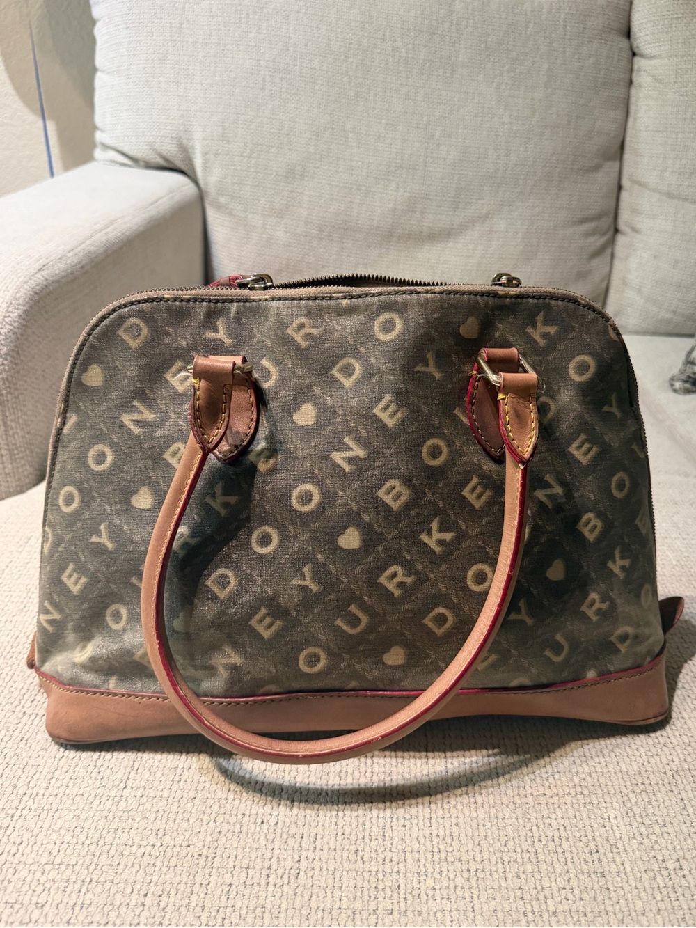 Dooney & Bourke Brown Logo Dome Satchel with Tan Leather Trim Y2K